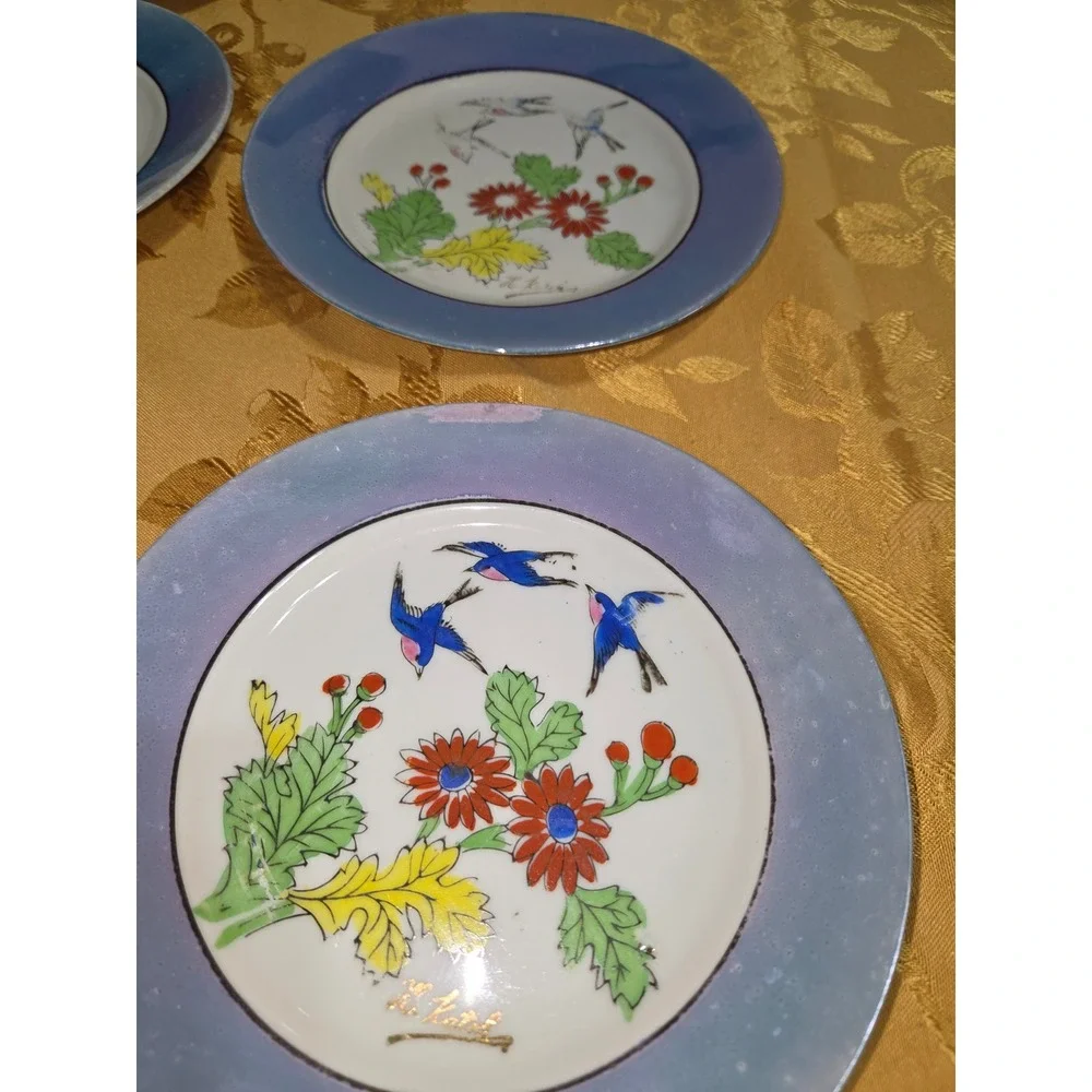 Vintage Japanese Lusterware Bluebird Flower Plates Set of 7 Made in Japan Blue